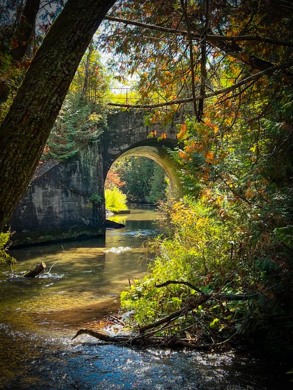 A stone arch bridge over a sunlit creek, framed by trees and autumn leaves